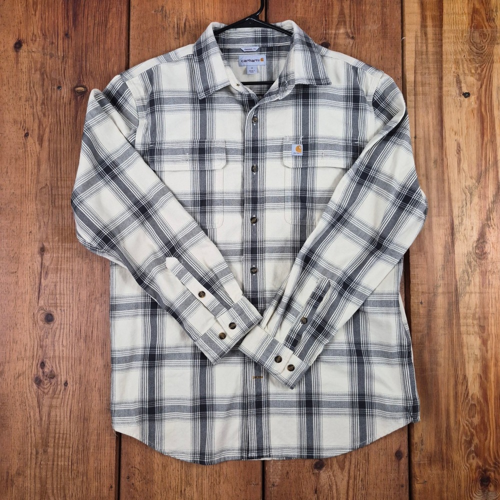 Carhartt Men's Plaid Flannel Shirt Cream Grey Original Fit Size Medium Regular